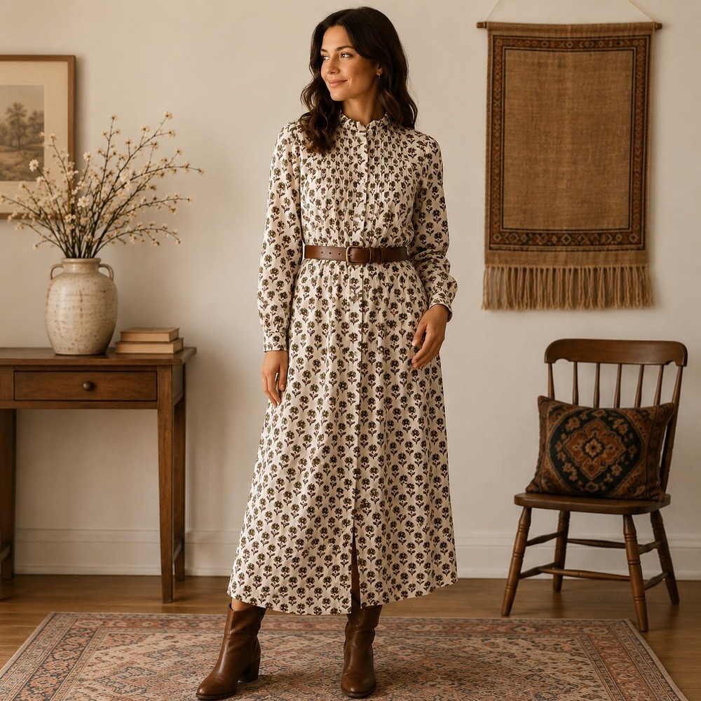 Cottagecore Prairie Floral Midi Dress L Somner 100% Cotton Pintuck Ruffle Collar
